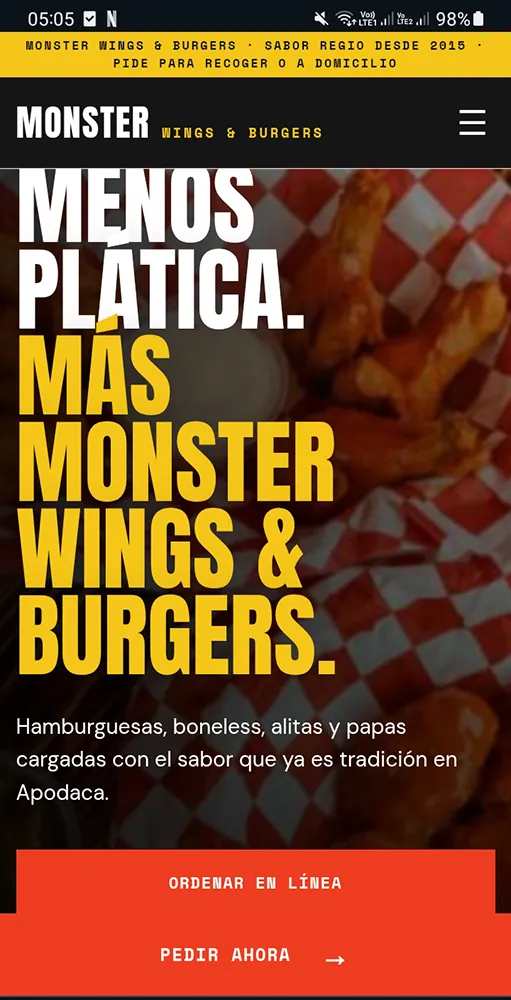 Vista responsive de Monster Wings & Burgers